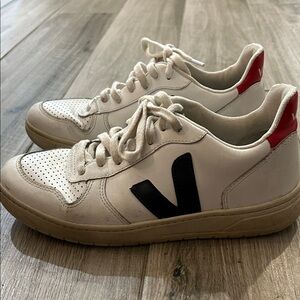 Veja White Sneakers with Black Logo and Red Heel
